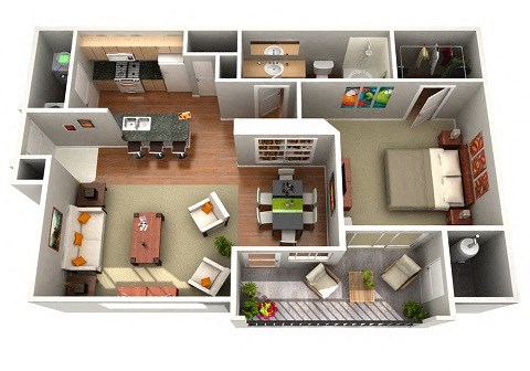 Floor plan for 1 bed, 1 bath, 796 sqft